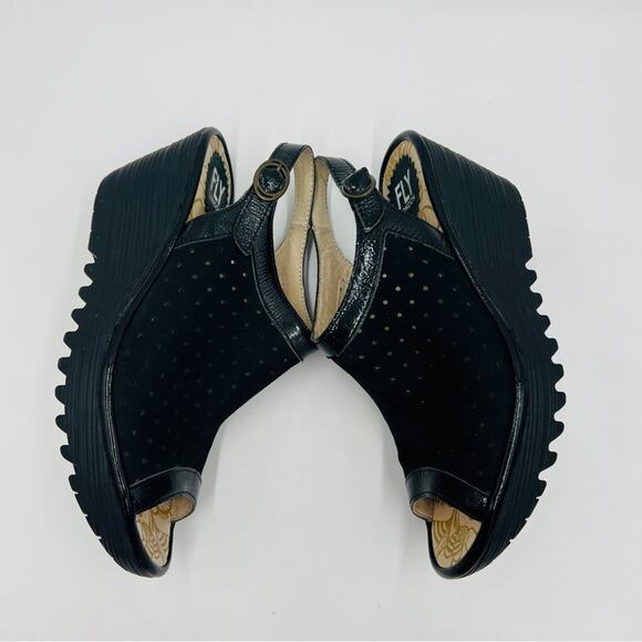 FLY London Yile Black Perforated Leather Peep Toe Platform Wedge Sandal Size 8 - Picture 6 of 14